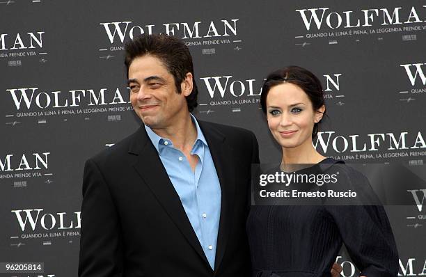 Benicio Del Toro and Emily Blunt attend a photocall for 'The Wolfman' at La Casa Del Cinema on January 27, 2010 in Rome, Italy.
