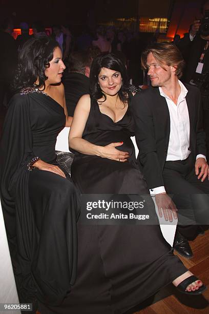 Minu Barati-Fischer, actress Jasmin Tabatabai and Andreas Pietschmann attend the German Film Award 2009 after party at the Palais am Funkturm on...