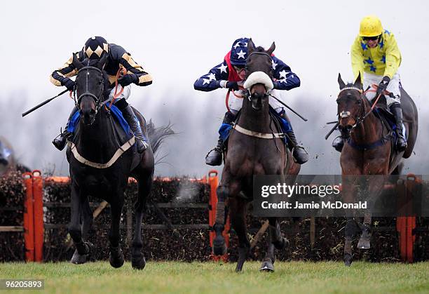 Cheshire Prince ridden by Alex Merton jumps the last to win the Huntingdon Racecourse for Outdoor Events Novices hurdle race run at Huntingdon...