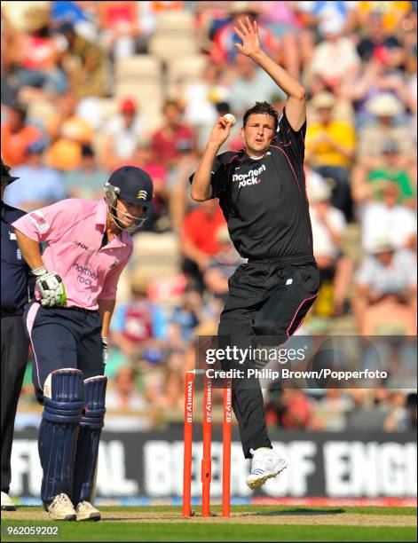 Steve Harmison of Durham bowls past Ed Joyce of Middlesex during the Twenty20 Cup Semi FInal between Durham and Middlesex at The Rose Bowl,...