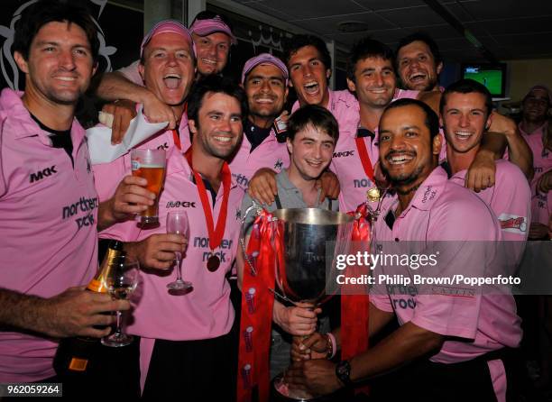 Harry Potter star Daniel Radcliffe celebrates with the Middlesex team after Middlesex won the Twenty20 Cup Final against Kent at the Rose Bowl,...