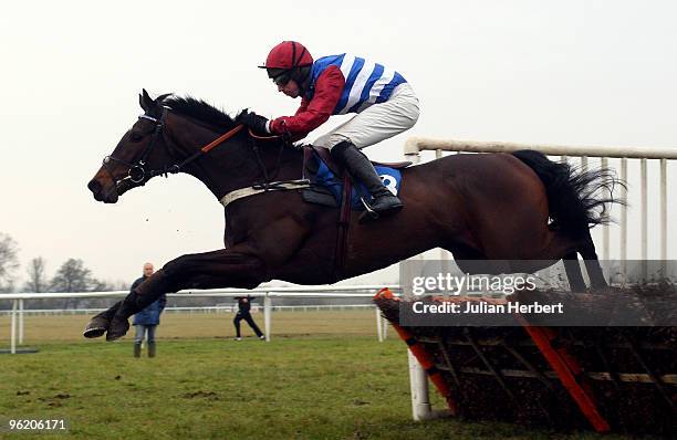Wayne Hutchinson and Mille Chief clear the last flight before landing Division Two of The Huntingdon Racecourse For Outside Events Novices' Hurdle...