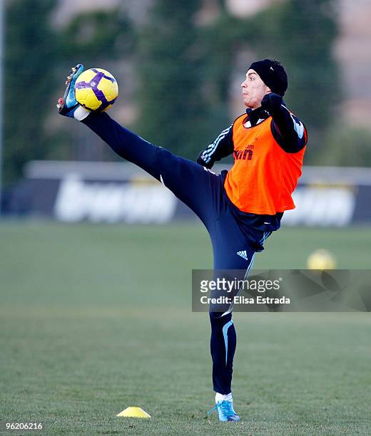 Cristiano Ronaldo of Real Madrid in action during a training session at Valdebebas on January 27, 2010 in Madrid, Spain. (Photo by Elisa Estrada/Real...