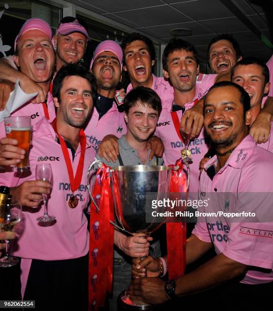 Harry Potter star Daniel Radcliffe celebrates with the Middlesex team after Middlesex won the Twenty20 Cup Final against Kent at the Rose Bowl,...