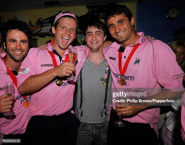 Harry Potter star Daniel Radcliffe celebrates with Middlesex cricketers Ben Scott, Ed Joyce and Tim Murtagh after Middlesex won the Twenty20 Cup...