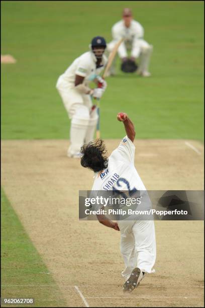 Shoaib Akhtar of Surrey bowling to Michael Carberry of Hampshire during the LV County Championship match between Surrey and Hampshire at The Oval,...