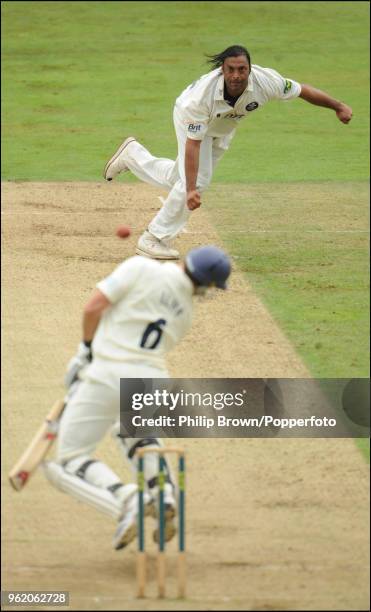 Shoaib Akhtar of Surrey bowls a bouncer to Michael Lumb of Hampshire during LV County Championship match between Surrey and Hampshire at The Oval,...