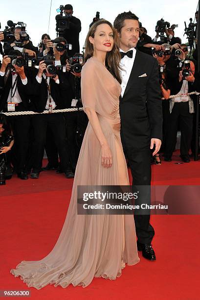 Actors Angelina Jolie and Brad Pitt attend the 'Inglourious Basterds' Premiere at the Grand Theatre Lumiere during the 62nd Annual Cannes Film...