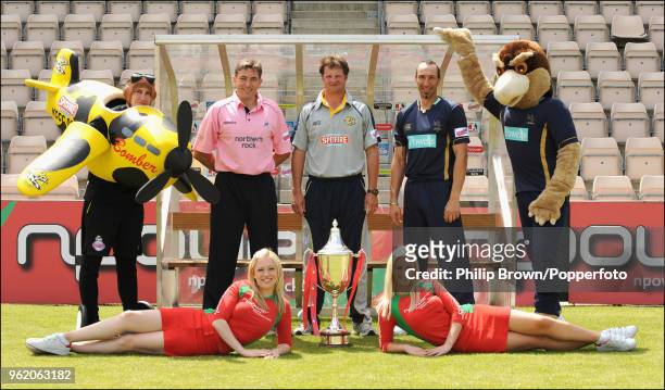 Chris Silverwood of Middlesex , Rob Key of Kent and Nic Pothas of Hampshire pose with npower girls and team mascots to launch the Twenty20 Cup...