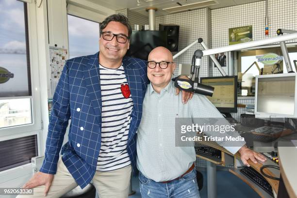 Mousse T. Visits the Spree Radio with presenter Thomas Koschwitz on May 24, 2018 in Berlin, Germany.