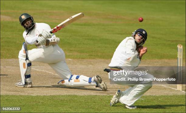 Mohammad Yousuf of Lancashire hits the ball onto the shoulder of Kyle Coetzer of Durham during the LV County Championship match between Lancashire...