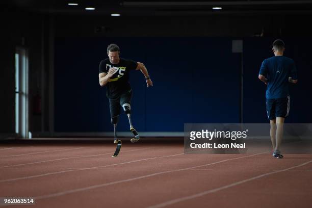 Athlete Richard Whitehead trains on an indoor track at the British Athletics National Performance Institute on May 24, 2018 in Loughborough, England....