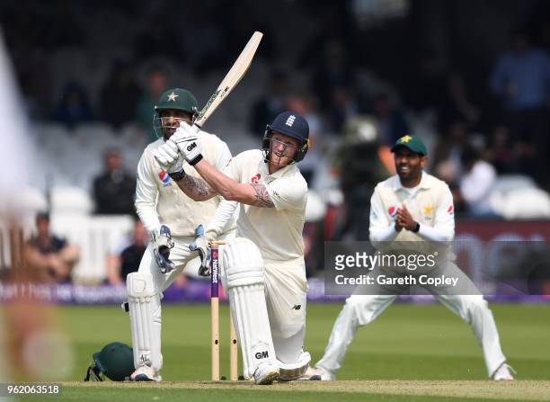Ben Stokes of England hits out six runs during the NatWest 1st Test match between England and Pakistan at Lord's Cricket Ground on May 24, 2018 in...