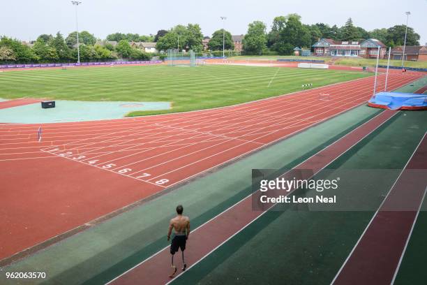Athlete Richard Whitehead prepares to train on an outdoor track at the British Athletics National Performance Institute on May 24, 2018 in...