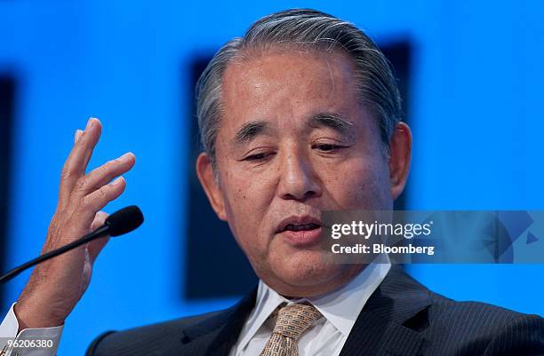 Yasuchika Hasegawa, president and chief executive officer of Takeda Pharmaceutical Co., takes part in a panel discussion on day one of the 2010 World...