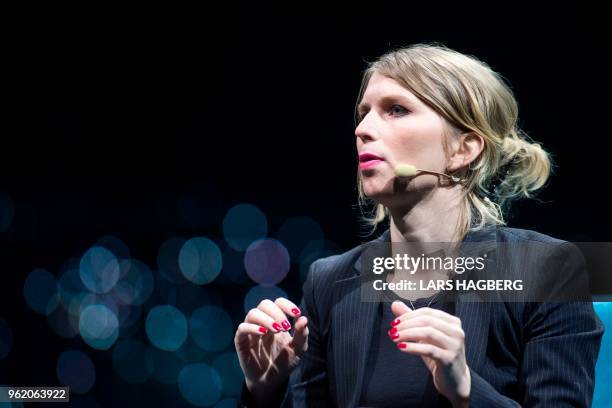 Former US soldier Chelsea Manning speaks during the C2 conference in Montreal, Quebec, on May 24, 2018.