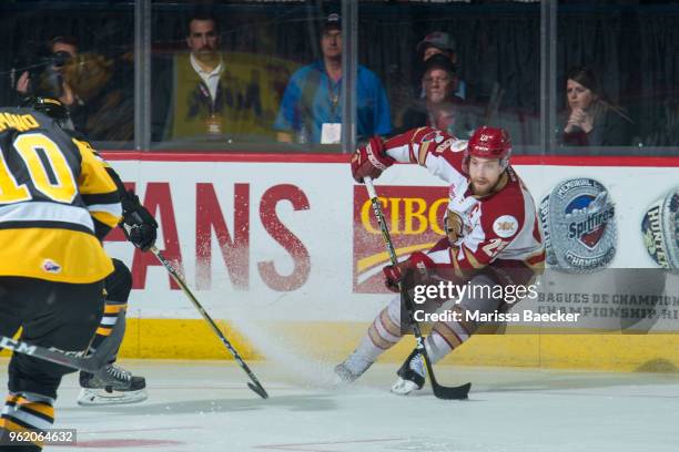 Jeffrey Truchon-Viel of Acadie-Bathurst Titan stops on the ice with the puck against the Hamilton Bulldogs at Brandt Centre - Evraz Place on May 22,...