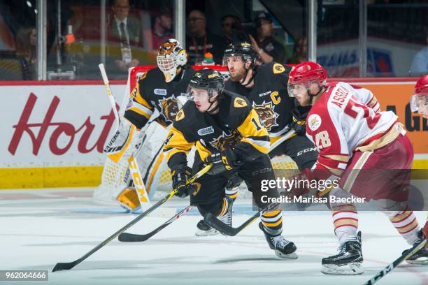 Will Bitten of Hamilton Bulldogs is checked by Samuel Asselin of Acadie-Bathurst Titan at Brandt Centre - Evraz Place on May 22, 2018 in Regina,...