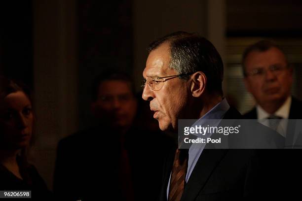 Russian Foreign Minister Sergey Lavrov talks to the media as he arrives for The Afghanistan Conference, on January 27, 2010 in central London. The...