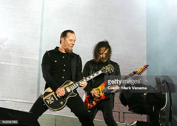 James Hetfield and Kirk Hammett of Metallica perform live at Pinkpop Festival on May 30, 2008 in Landgraaf, Netherlands.