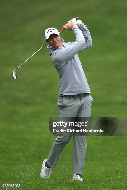 Nicolas Colsaerts of Belgium on the fourth hole during the first round of the BMW PGA Championship at Wentworth on May 24, 2018 in Virginia Water,...