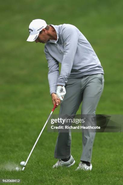 Nicolas Colsaerts of Belgium on the fourth hole during the first round of the BMW PGA Championship at Wentworth on May 24, 2018 in Virginia Water,...