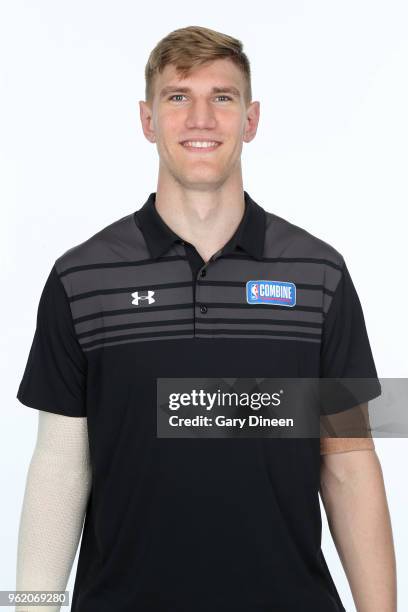 Isaac Haas poses for a head shot at the Body Image station for the Medical Evaluation portion of the 2018 NBA Combine powered by Under Armour on May...