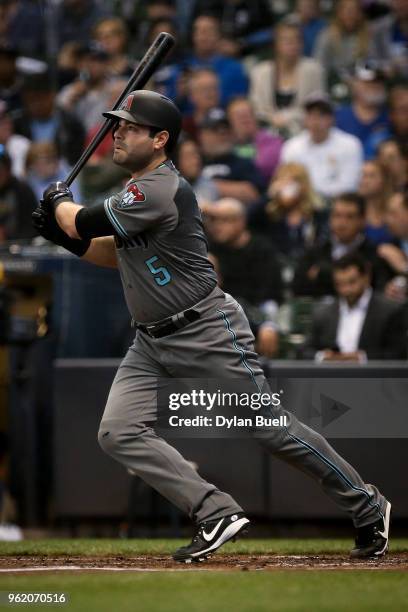 Alex Avila of the Arizona Diamondbacks lines out in the second inning against the Milwaukee Brewers at Miller Park on May 22, 2018 in Milwaukee,...