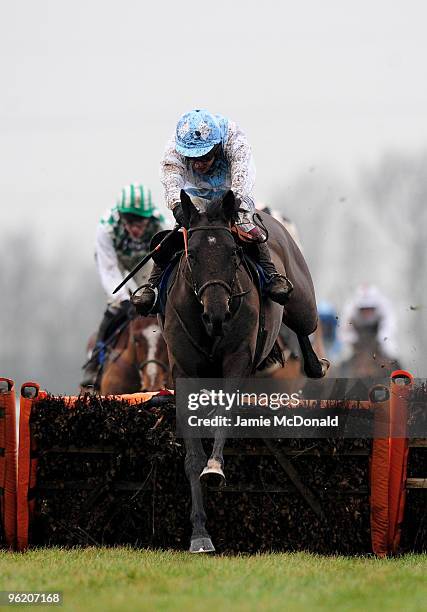 Cobblers Queen ridden by Richard Johnson jumps the last to win the TurfTV Handicap hurdle race run at Huntingdon Racecource on January 27, 2010 in...