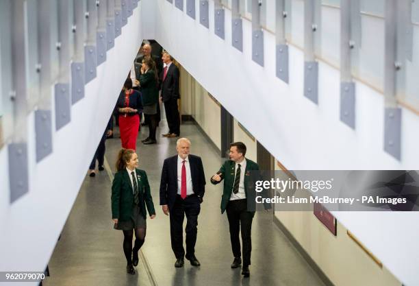 Labour leader Jeremy Corbyn with Head Girl Lucy Symington and Head Boy Michael Hare during a visit to Lagan College, Northern Ireland's first...