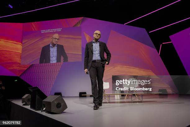 Satya Nadella, chief executive officer of Microsoft Corp., pauses during the Viva Technology conference in Paris, France, on Thursday, May 24, 2018....