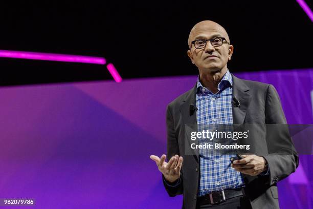 Satya Nadella, chief executive officer of Microsoft Corp., pauses during the Viva Technology conference in Paris, France, on Thursday, May 24, 2018....