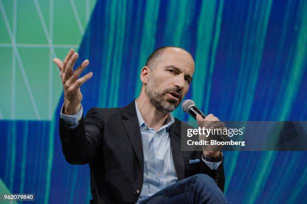 Dara Khosrowshahi, chief executive officer of Uber Technologies Inc., gestures while speaking during the Viva Technology conference in Paris, France,...
