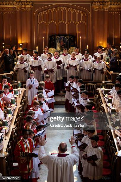 The Sistine Chapel choir perform with the Choir of Her Majesty's Chapel Royal during an Evensong service at the Chapel Royal, St James' Palace on May...