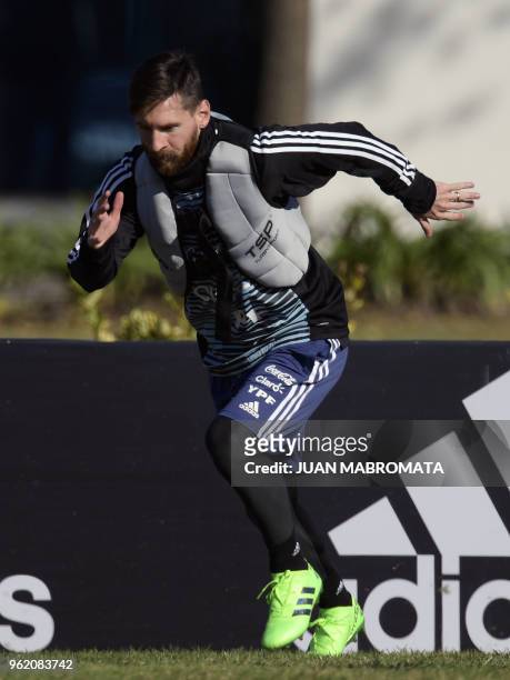 Argentina's national football team forward Lionel Messi, takes part in a training session in Ezeiza, Buenos Aires on May 24, 2018. - The Argentinian...
