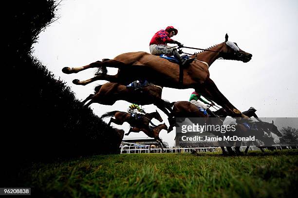 Horses and jockeys jump the ditch during the Sponsor at Huntingdon handicap steeple chase run at Huntingdon Racecource on January 27, 2010 in...