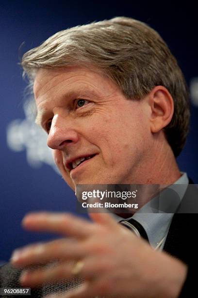 Robert Shiller, professor of economics at Yale University, speaks at a panel session on day one of the 2010 World Economic Forum annual meeting in...