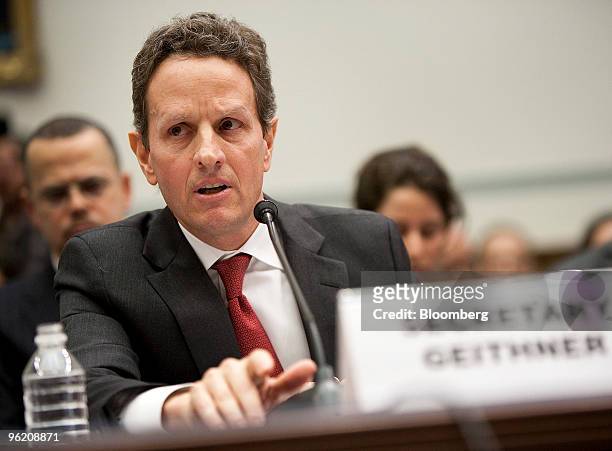 Timothy Geithner, U.S. Treasury secretary, testifies at a House Oversight and Government Reform Committee hearing in Washington, D.C., U.S., on...