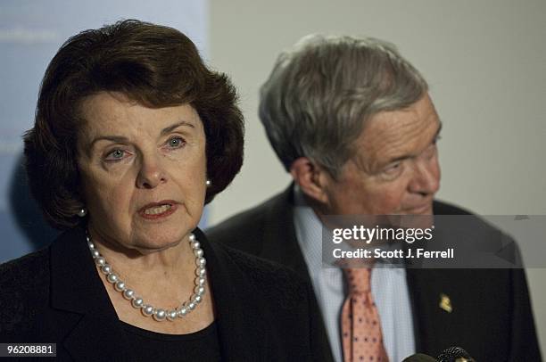 Senate Select Intelligence Chairwoman Dianne Feinstein, D-Calif., and Vice Chairman Kit Bond, R-Mo., during a news conference following the...