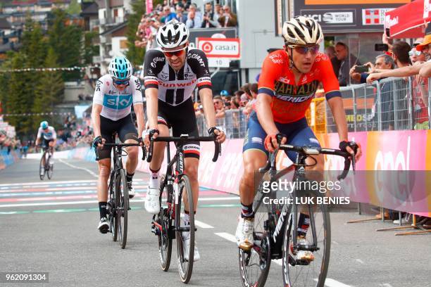 Britain's rider of team Sky Christopher Froome Netherlands' rider of team Sunweb Tom dumoulin and Italy's rider of team Bahrain Merida Domenico...