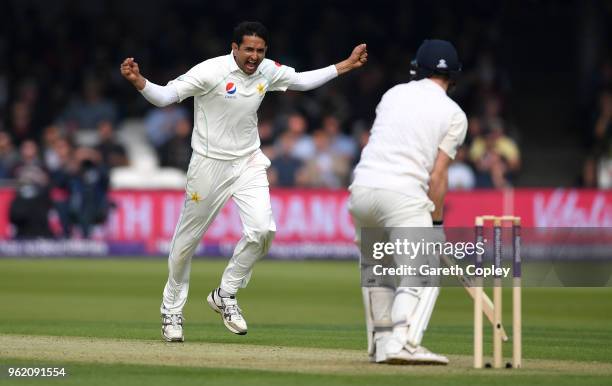 Mohammad Abbas of Pakistan celebrates dismissing Dominic Bess of England during the NatWest 1st Test match between England and Pakistan at Lord's...