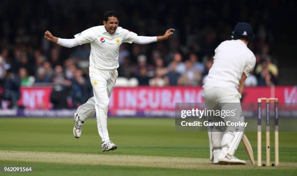 Mohammad Abbas of Pakistan celebrates dismissing Dominic Bess of England during the NatWest 1st Test match between England and Pakistan at Lord's...