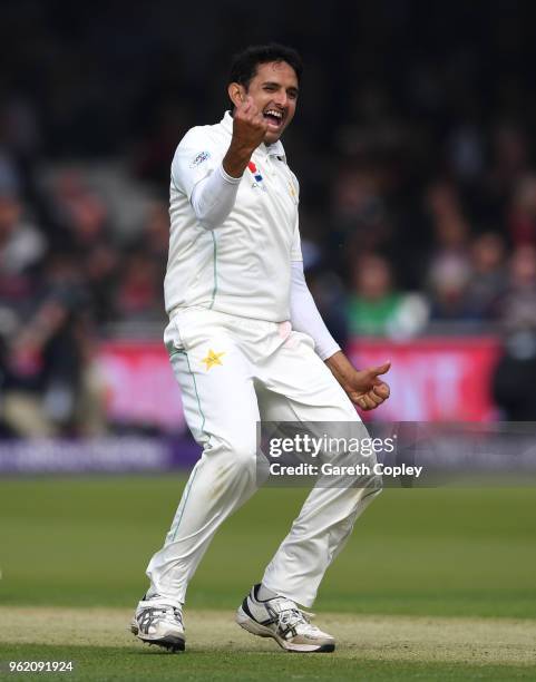 Mohammad Abbas of Pakistan celebrates dismissing Stuart Broad of England during the NatWest 1st Test match between England and Pakistan at Lord's...