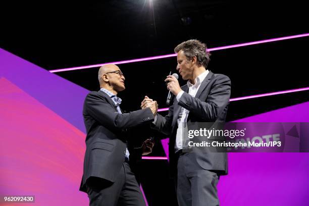 Satya Nadella, chief executive officer of Microsoft Corp. And Arthur Sadoun, chairman and CEO Publicis Groupe, attend the Viva Tech start-up and...