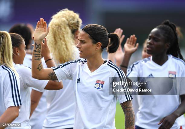 Dzsenifer Marozsan of Lyon warms up ahead of the UEFA Womens Champions League Final between VfL Wolfsburg and Olympique Lyonnais on May 24, 2018 in...