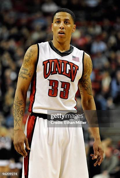 Tre'Von Willis of the UNLV Rebels looks on against the Air Force Falcons at the Thomas & Mack Center on January 26, 2010 in Las Vegas, Nevada. UNLV...