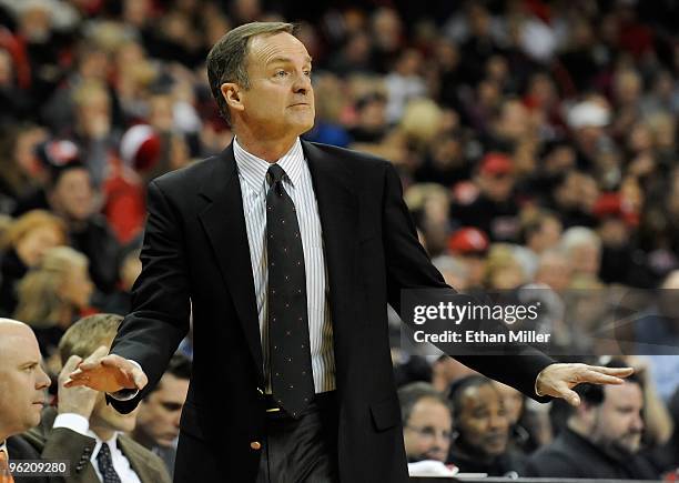 Head coach Lon Kruger of the UNLV Rebels reacts against the Air Force Falcons at the Thomas & Mack Center on January 26, 2010 in Las Vegas, Nevada....