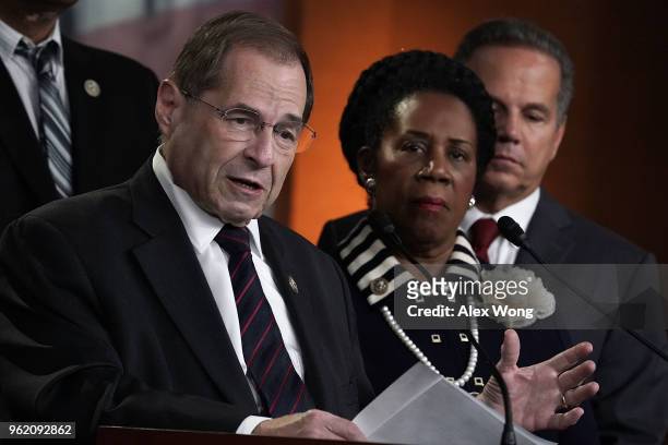 Rep. Jerrold Nadler speaks as Rep. Sheila Jackson Lee and Rep. David Ciclline listen during a news conference to denounce a meeting between the...