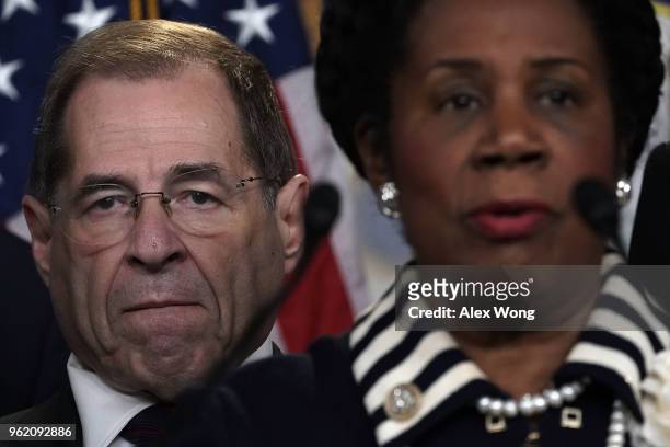 Rep. Jerrold Nadler and Rep. Sheila Jackson Lee listen during a news conference to denounce a meeting between the Justice Department and FBI...