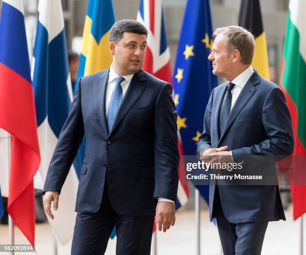 Ukrainian Prime Minister Volodymyr Borysovych Groysman is welcomed by the European Council President, Donald Tusk prior to a bilateral meeting in the...